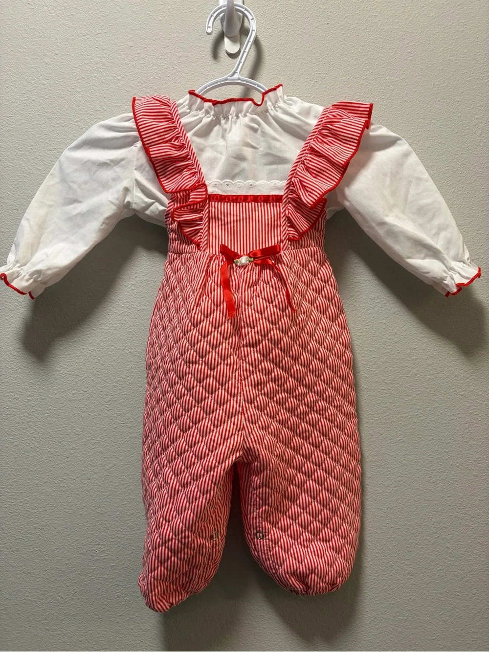 Vintage 80s Handstands Quilted Candy Stripe Ruffle Romper Set - 18 Months USA
